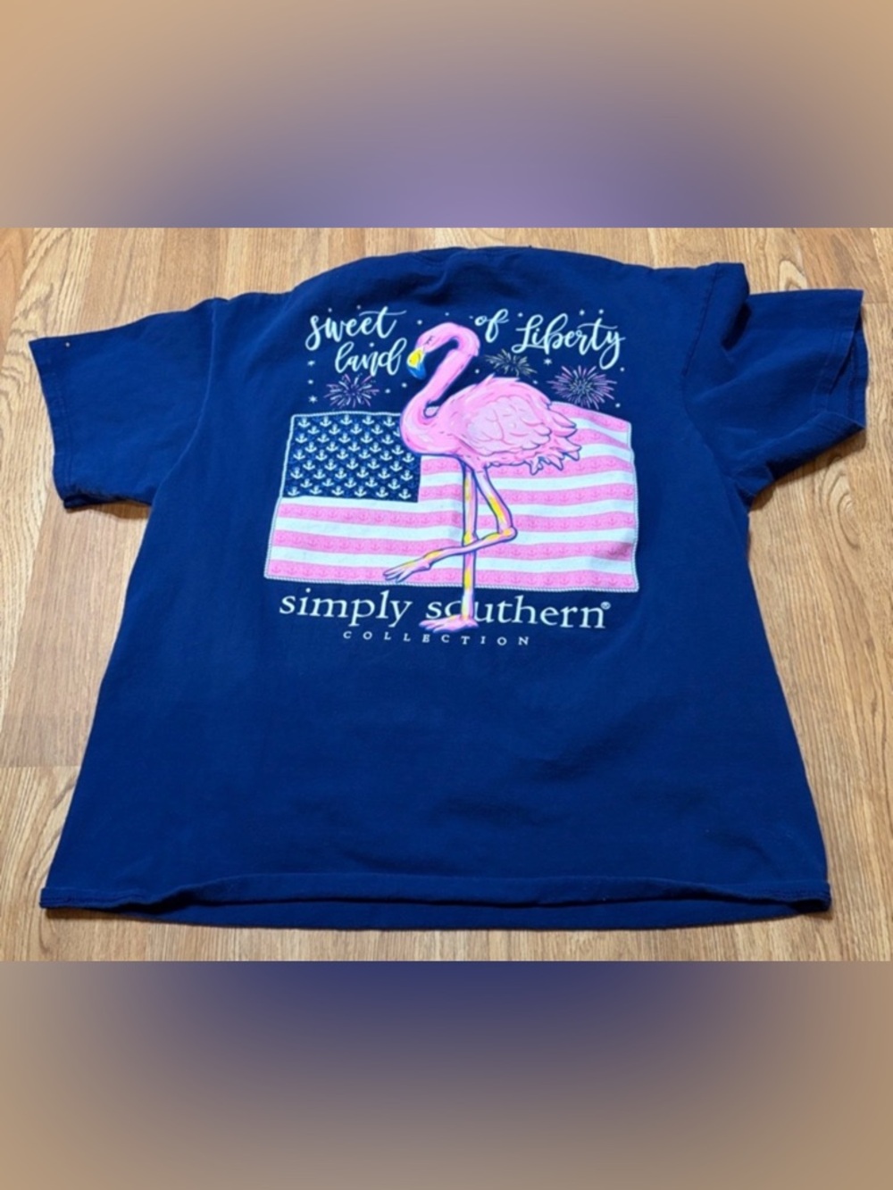 🦩 Simply Southern Navy "Sweet Land of Liberty" Flamingo Tee | Large